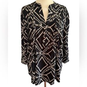 COCOMO Large Black Beige 3/4 sleeve women's Pintuck Blouse tunic shirt